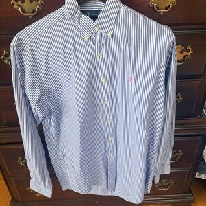 Ralph Lauren Navy and White Striped Button Down Shirt